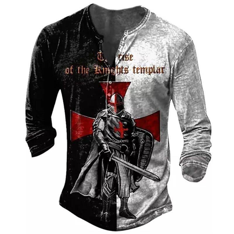 Henley Vintage Katoen T-shirts Knight 3D Print Henley Vintage Katoen T-shirts Knight 3D Print