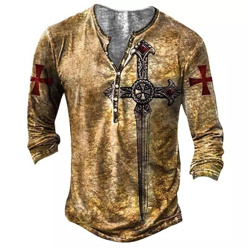 Henley Vintage Katoen T-shirts Knight 3D Print Henley Vintage Katoen T-shirts Knight 3D Print