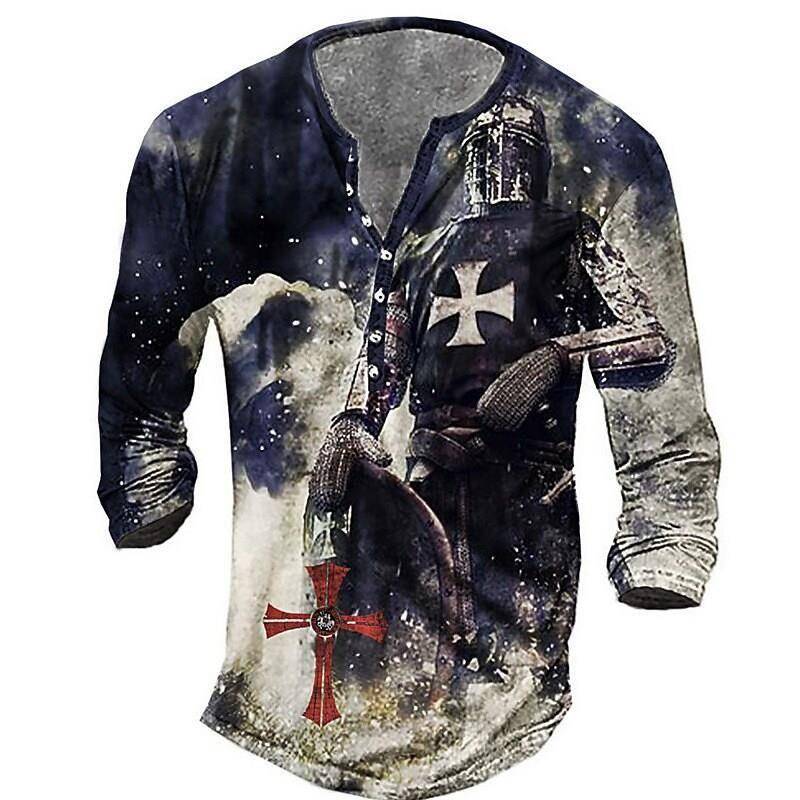 Henley Vintage Katoen T-shirts Knight 3D Print Henley Vintage Katoen T-shirts Knight 3D Print
